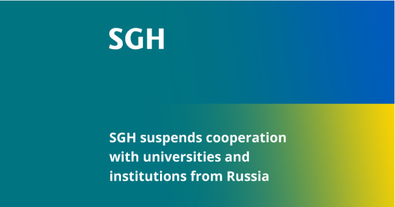 graphic showing SGH colors changing into Ukrainian flag; information about suspension of cooperation with universities and institutions from Russia