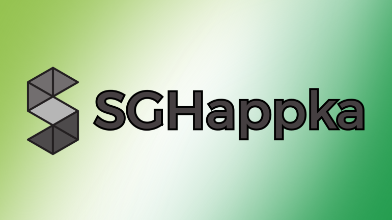 Na zielonym cieniowanym tle czarny napis SGHappka z logo