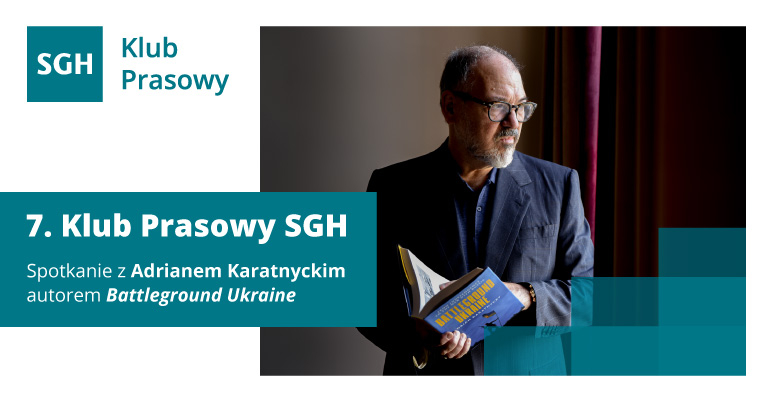 grafika przedstawiająca zdjecie mężczyzny, po lewej logo SGH oraz na turkusowym tle napis: 7. Klub Prasowy SGH