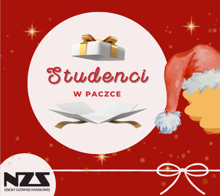 na czerwonym tle świąteczna grafika i napis Studenci w paczce
