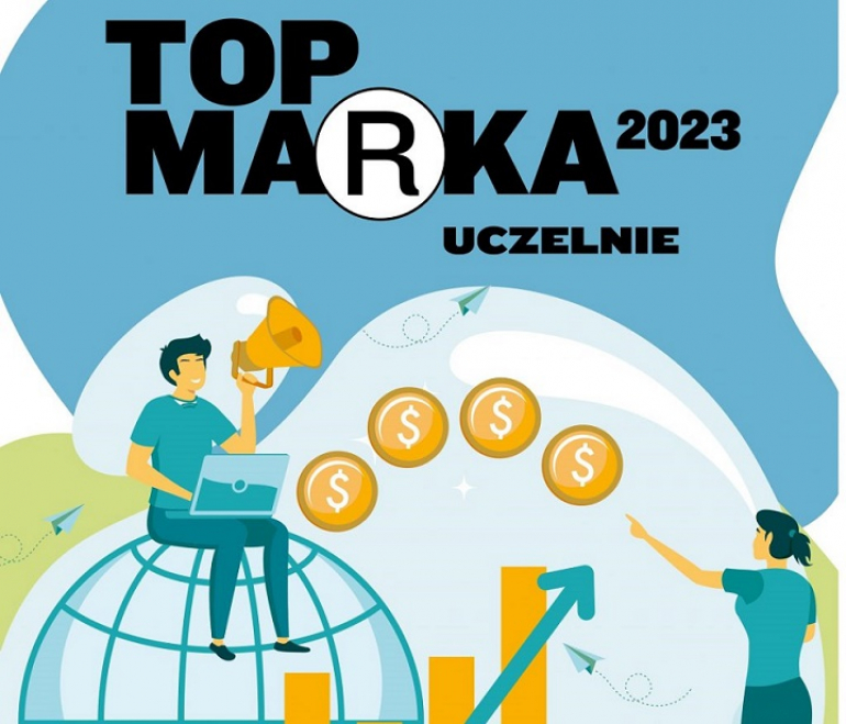 grafika Top marka 2023; człowiek siedzący na globusie