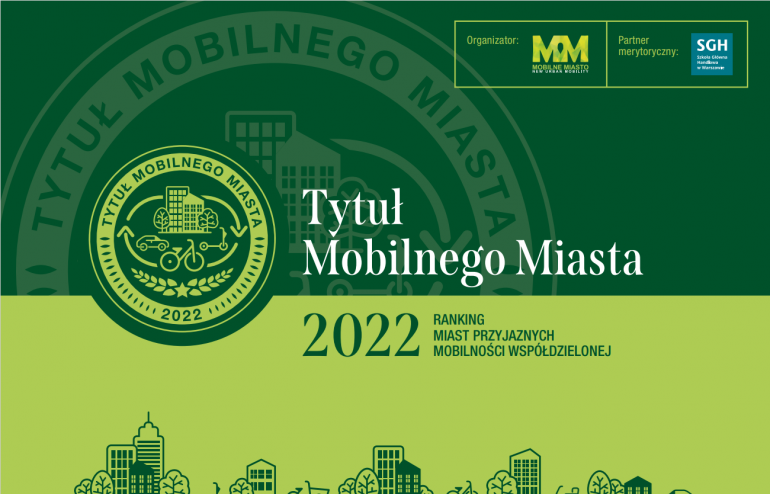 zielona grafika informujaca o przyznaniu Tytułu Mobilnego Miasta 2022