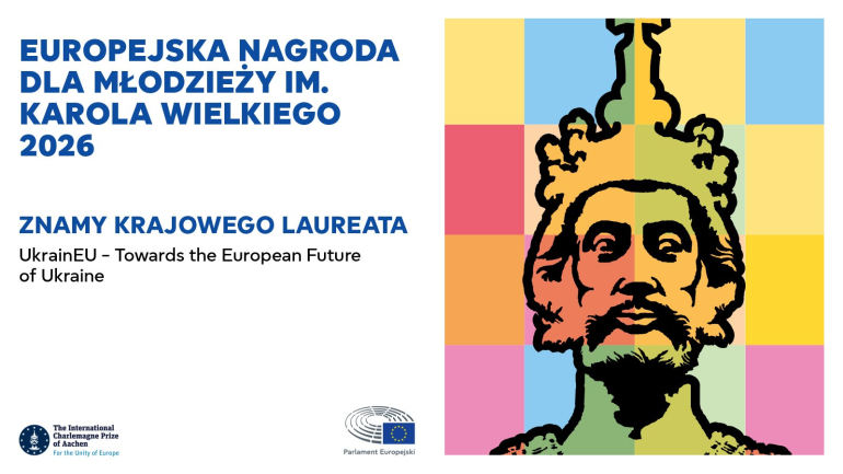 grafika na białym tle napis dotyczący laureata Nagrody im. Karola Wielkiego