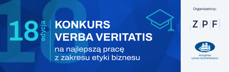 na granatowym tle grafika informująca o 18. edycji Konkursu Verba Veritas; z boku na białym tle logo ALK i ZFP