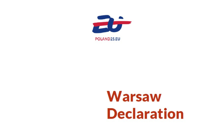 na białym tle logo polskiej prezydencji w Radzie UE i czerwony napis Warsaw Declaration