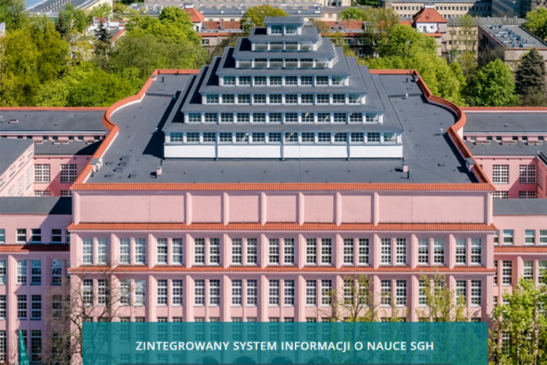 na tle budynku głównego SGH napis na zielonym tle Zintegrowany System Informacji o Nauce SGH