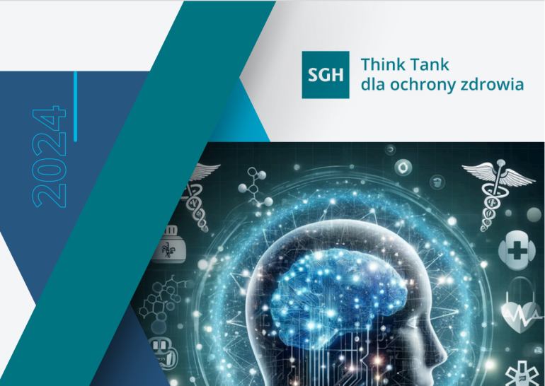 na białym tle grafika przedstawiająca głowę człowieka z widocznym mózgiem - od rysunku odchodzi poświata i iluminacja; po lewej stronie gruby ukośny pas w kolorze turkusu; na górze napis: Think Tank dla ochrony zdrowia oraz logo SGH 