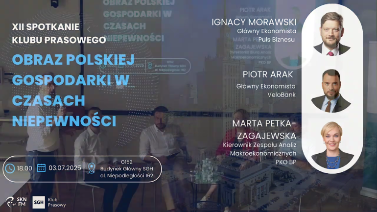 grafika przedstawiająca zdjęcia trojga mówców podczas 12. Klubu Prasowego SGH