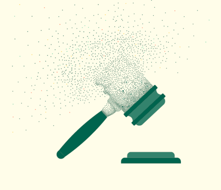 grafika pokazująca młotek sędziowski z jednej strony lity, z drugiej strony rozproszony   