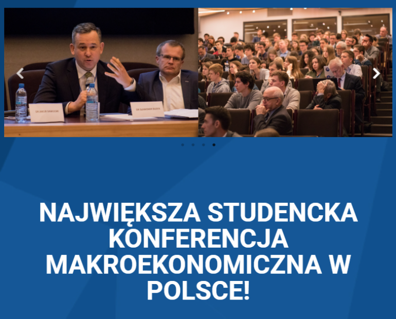 niebieska grafika: w połowie u góry dwa zdjęcia, na dole biały napis: Największa studencka konferencja makroekonomiczna w Polsce