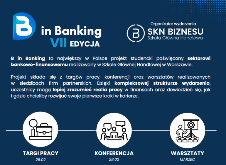 na granatowym tle logo B in Banking oraz tekst