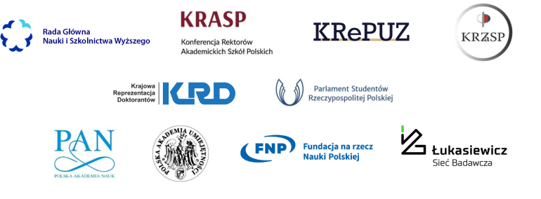 logotypy: RAdy Głównej Szkolnictwa WYższego, KRASP, KREPUZ, KRD, PAN, FNP, PArlamentu Studentów Rzeczypospolitej Polskiej, Polskiej Akademii Umiejętności, Łukasiewicz Sieć Badawcza