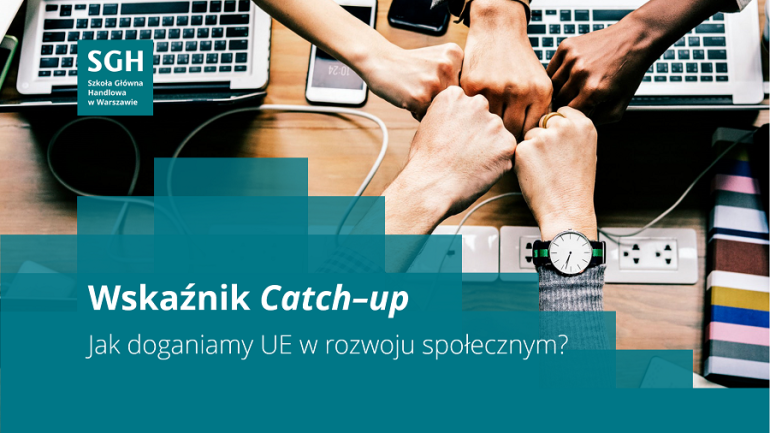 grafika przedstawiająca kilka stykających się rąk ułożonych w pięści, pod spodem napis: Wskaźnik Catch-up, Jak doganiamy UE w rozwoju społecznym?