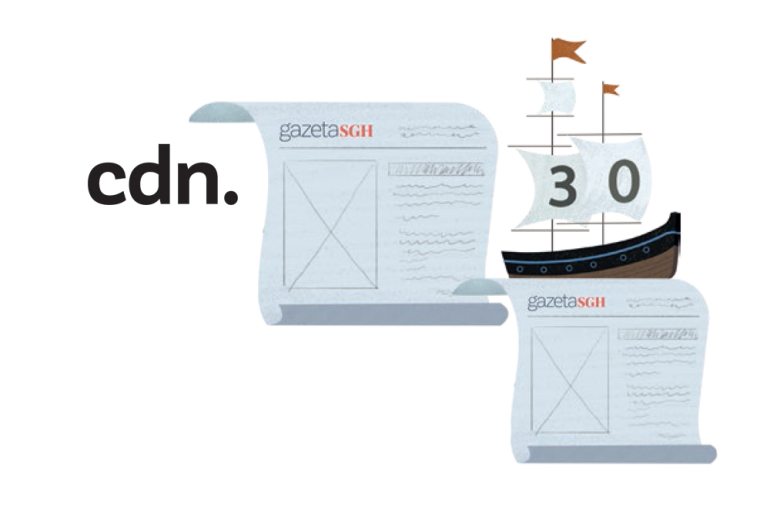 na grafice: szpalty gazety i łódka z żaglami w kształcie 30