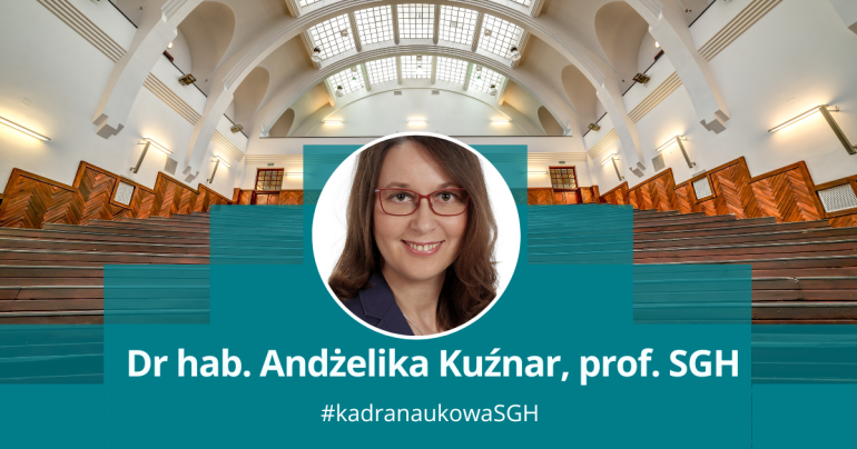 grafika przedstawiająca okrągłe zdjęcie kobiety na tle uczelnianej auli i podpis: dr hab. Andżelika Kuźnar, prof. SGH; #kadranaukowa SGH