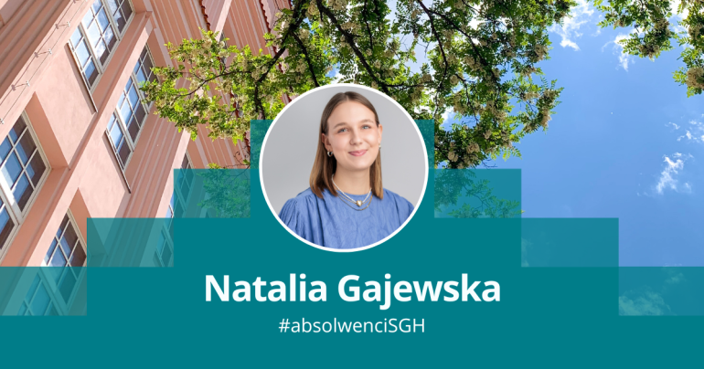 grafika przedstawiająca okrągłe zdjęcie kobiety na tle budynku uczelni i drzewa; podpis: Natalia Gajewska #absolwenci