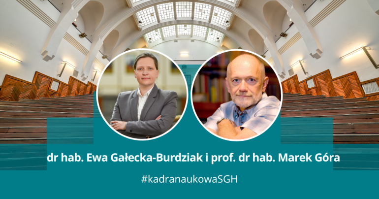 grafika przedstawiająca kobietę i mężczyznę w okrągłych ramkach na tle zdjęcia uczelnianej auli