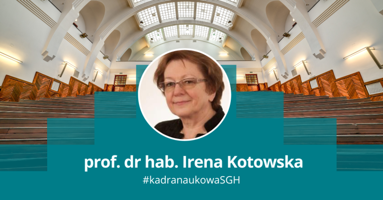 grafika przedstawiająca zdjęcie kobiety w okągłęj ramce na tle jednej z uczelnianych auli; podpis prof. dr hab. Irena Kotowska #kadranaukowaSGH