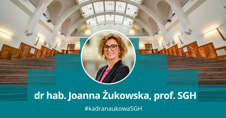 grafika przedstawiająca zdjęcie kobiety w okągłęj ramce na tle jednej z uczelnianych auli; podpis dr hab. Joanna Żukowska, prof. SGH, #kadranaukowaSGH