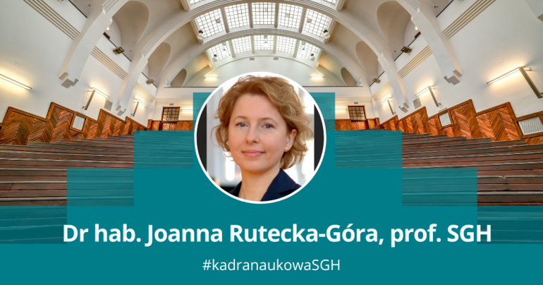 grafika przedstawiająca zdjęcie kobiety w okągłęj ramce na tle jednej z uczelnianych auli; podpis dr hab. Joanna Rutecka-Góra, prof. SGH, #kadranaukowaSGH