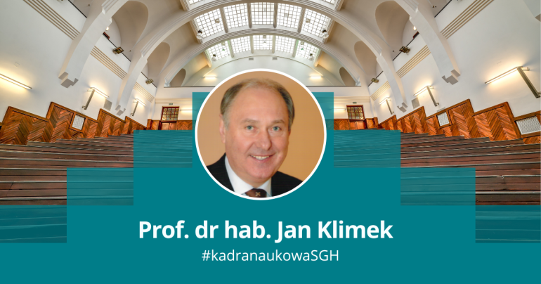 grafika obrazująca zdjęcie portretowe mężczyzny w okręgu na tle jednej z uczelnianych auli; podpis: prof. dr hab. Jan Klimek