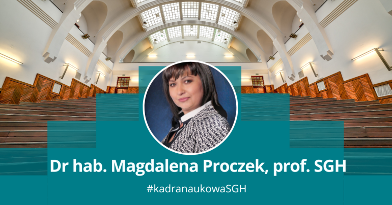 grafika przedstawiająca okrągłe zdjęcie kobiety na tle uczelnianej auli; podpis: dr hab. Magdalena Proczek, prof. SGH #kadranaukowaSGH