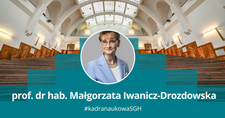 grafika przedstawiająca zdjęcie kobiety w okrągłej ramce na tle jednej z uczelnianych auli, pod spodem napis: prof. dr hab. Małgorzaty Iwanicz-Drozdowskiej; #kadra naukowa SGH