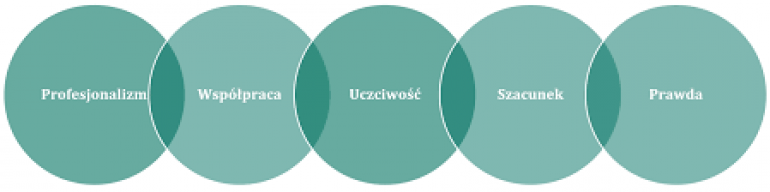 grafika przedstawiająca pieć zachodzących na siebie kręgów: profesjonalizm, współpraca, uczciwość, szacunek, prawda