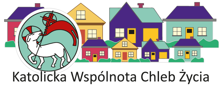 na białym tle kilka kolorowych domków i napis "katolicka Wspólnota Chleb Życia"