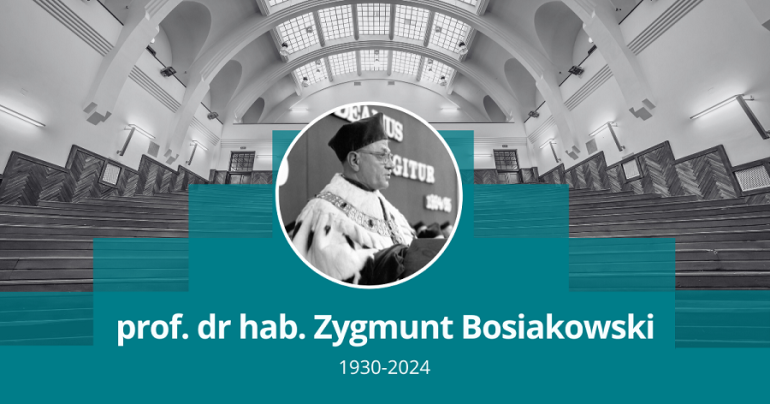 zdjęcia czarno-białe prof. dr. hab. Zygmunta Bosiakowskiego w kółku z podpisem, w tle aula SGH