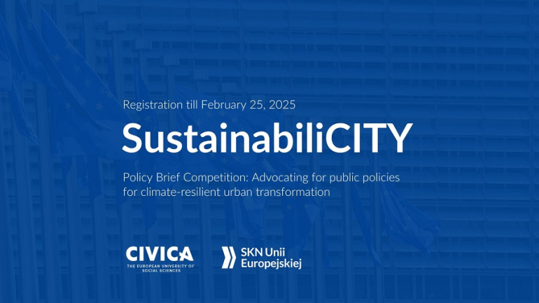 na granatowym tle napis: SustainabiliCITY oraz logo CIVICA i SKN UE