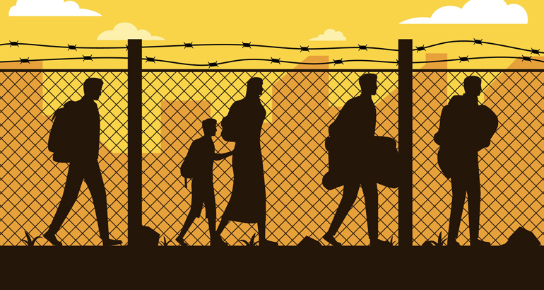 World Refugee Day na grafice cienie postaci przy parkanie (<a href='https://pl.freepik.com/wektory/rysowane-recznie'>Rysowane ręcznie plik wektorowy utworzone przez freepik - pl.freepik.com</a>)